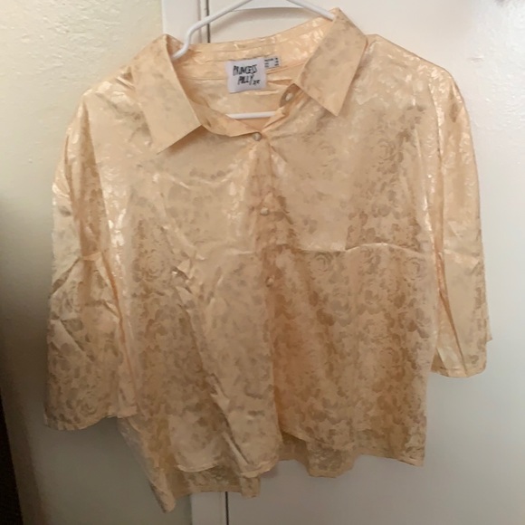 Gold Princess Polly button up. Light floral detailing and shiny fabric. - Picture 1 of 1